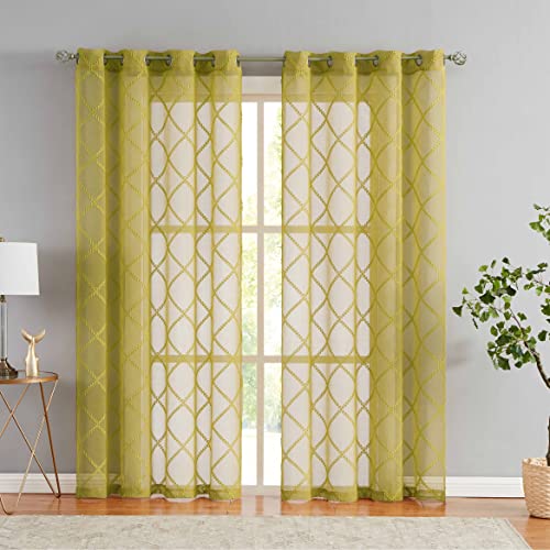 Nottingson Home Mustard Yellow Sheer Curtains 84 Inches Long For Living Room Geometric Jacquard Diamond Semi Patterned Moroccan Embroidery Window Drapes Grommet, W54 X L84 Inch, 2 Panels #TOP29