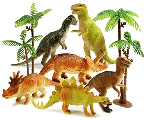 Haktoys Pack of 8 Dinosaur Toy Set; 6 Realistic Solid Dinosaurs Figures and 2 Trees, T-Rex Triceratops Velociraptor Stegosaurus for Toddlers & Kids