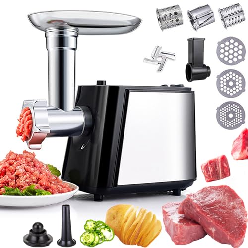 meat grinder, mincer machine with 3 vegetable chopping buckets/tomato squeezers & 3 knife nets, Stainless steel meat grinder electric for Minced meat, ​​vegetables, grated cheese, enema Cut