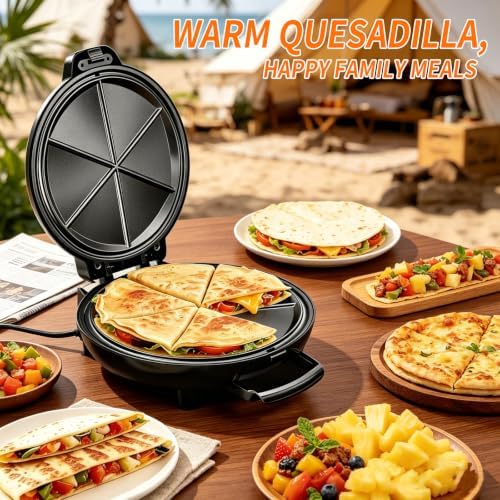 Quesadilla Maker 10 Inch, 900W Dual Heating, 6 Wedges in 3 Mins, Nonstick Plates Easy to Clean, Locking Latch, Safe & Steady, Black — view 9