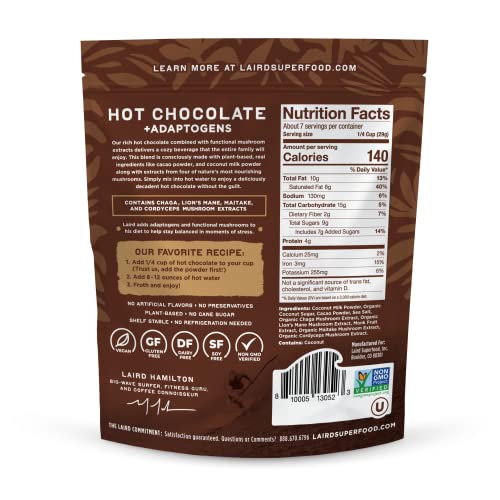 Laird Superfood Functional Mushrooms Hot Chocolate, Organic Cacao Powder Blended With Nourishing Mushrooms, 8 Oz. Bag, Pack Of 1 #TOP2