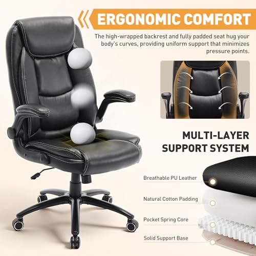 Ergonomic PU Leather Office Chair with Flip-Up Armrests, Reclining Backrest, Adjustable Height & Tilt Tension, Thick Padded Seat, Breathable Leather, 300LBS Capacity Executive Desk Chair,Black - Image 8