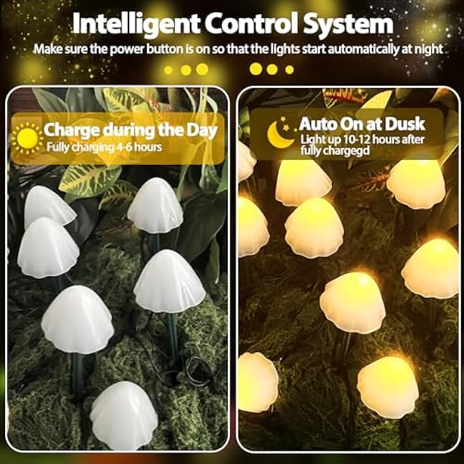 OZS 2PK 32LED 55FT Mushroom Solar Garden Lights Outdoor, Solar String Lights Waterproof with 8 Lighting Modes, Solar Garden Decor for Outside, Pathway Light for Yard Decoration (Warm White)