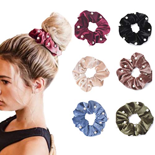 Briskaari Hair Scrunchies Black Hair Ties Velvet Elastic Hair Ropes Pearl Hair Accessories for Women and Girls (Pack of 6)