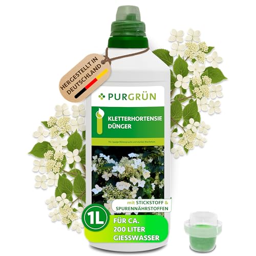 Purgrün® Kletterhortensie-Dünger 1 Liter – Organisch-mineralische Rezeptur – Premium-Flüssigdünger mit Spurennährstoffen – NPK 6+6+8 – Mit Spurennährstoffen – Für leuchtende Blüten
