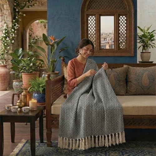Image of SAJAVAT HOME Hand-Knitted Cotton Sofa Throw | Black & White Tassel Design for 3 & 5 Seater Sofa & Bed | Soft Lightweight All-Season Throw Blanket (80x52 Inches)