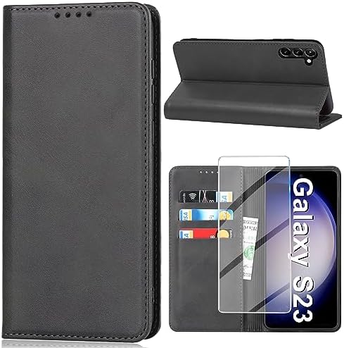 Vaki Handyhülle für Samsung Galaxy S23 5G Hülle mit Schutzfolie, Schutzhülle S23 Leder Wallet Kartenfach Standfunktion Stoßfest Klapphülle Hüllen Galaxy S23 5G Case Cover (Schwarz)