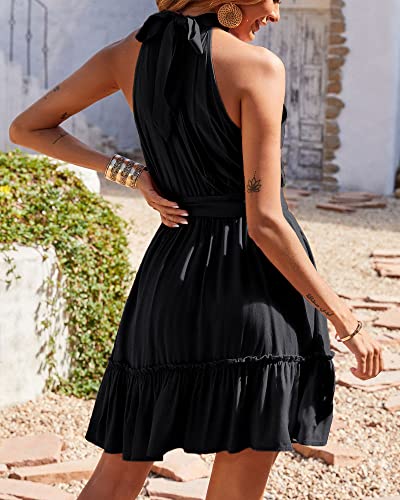Image of BTFBM Women Halter Neck Summer Dresses 2025 Spring Casual Sleeveless Floral Polka Dot Ruffle Mini Boho Beach Sun Dress