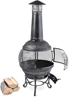 Blumfeldt Flavius, Feuerstelle, Gartenofen, Gartenkamin, Terrassenofen, Gusseisen, 360° Rundum-Gitter, Funkenschutz, antikes Design, Zugluftklappe, Eisenverzierungen, Altsilber