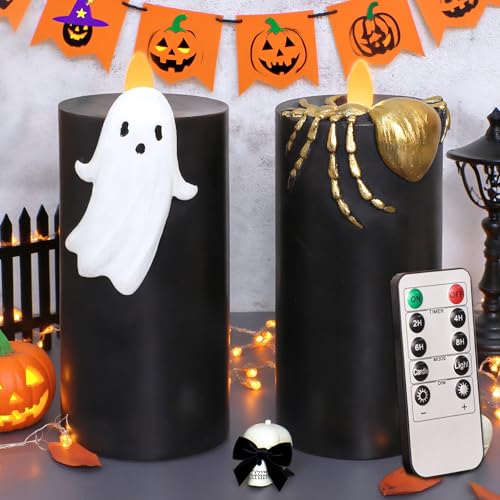 Image of Halloween Flameless Candles with Remote & Timer, Real Wax Hand-Carved Painted Ghost Spider LED Candles for Home Party Haunted House Horror Theme Halloween Decor, 3 inch x 7 inch Set of 2