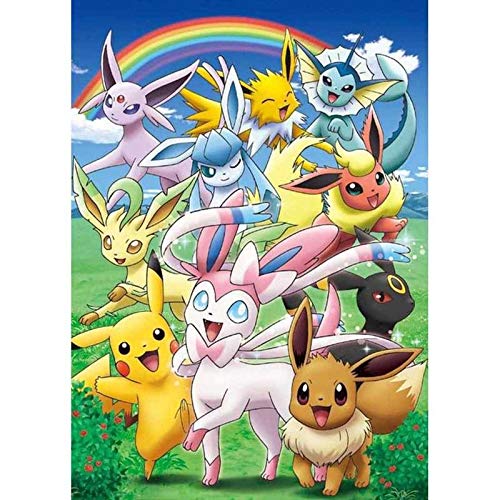 DIY 5D Diamond Art by Number Kits, Pikachu Eevee Evolutions Round Full Drill Acrylic Embroidery Cross Stitch Arts Craft Canvas Supply for Home Wall Decor Adults and Kids 11.8x15.7 inches