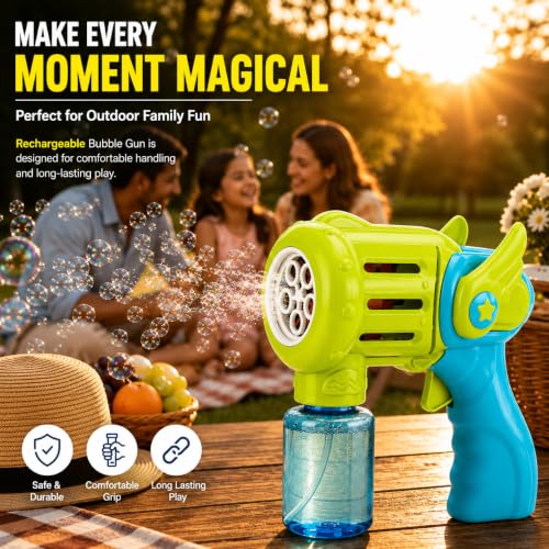 Image of Rechargeable Bubble Gun Toy for Kids | Automatic Bubble Maker with 1 Bubble Solution Bottles | Bubble Blower Machine for Outdoor Fun | Toy for Boys & Girls | Colour Multicolour