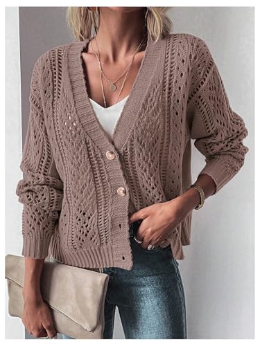 SHENHE Women's Crochet Cardigan Hollow Out Open Knit Button Down V Neck Sweater Knitwear3