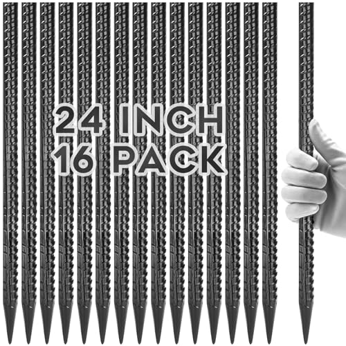 Gbekery 24 Inches Rebar Stakes(16pcs) Heavy Duty Straight Metal Ground Anchors with Chisel Point Ends for Timber,Concrete,Plant Support,Camping Tents,1/2 Inch Thickness Garden Stakes,Black