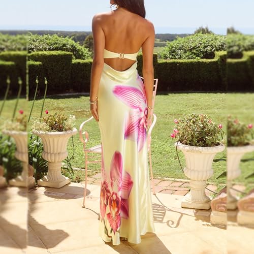 Image of Women Floral Strapless Maxi Dress Y2K Bodycon Tube Long Dresses Sexy Party Formal Cocktail Beach Slit Dress