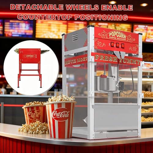 Image of Commercial Popcorn Maker Machine - 28OZ Stainless Steel Kettle Cart, Vintage Movie Theater Style Popper for Home, Parties, Christmas & Events - Red (28OZ /Cart)