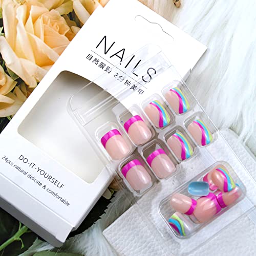 Color Curve Press On Nails Short Square Fake Nails Acrylic Ballet Exquisite Color Summer Blue Pink Lines Design Adhesive Tape On Nails Design Nails For Women And Girls 24Pcs #TOP3