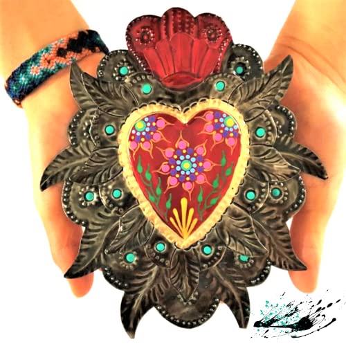 Irekua Mexican Heart Folk Art Wall Decor 7" Metal Charms Tin Art Sacred Milagros Mexicanos Colorful Hand Painted Mexico Decorations Double Heart -Handmade #TOP2