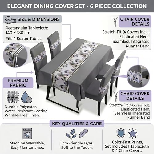 Image of Styleys Dining Chair Cover with Table Covers for Kitchen Waterproof Dining Table Cloth (1 Table Cover + 4 Chair Cover, Grey Flower, K716)