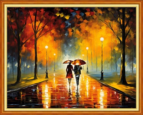 Image of Findvoor Stamped Cross Stitch Kits for Beginners Full Range of Cross Stitching Embroidery Pattern for Adults, 11CT DIY Needlepoint Embroidery Starter Kits-Couple strolls 16x20 inch