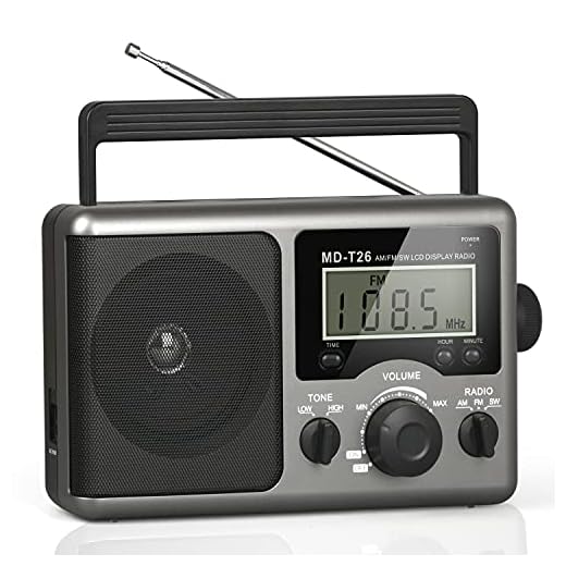 Portable AM FM Shortwave Radio,Battery Operated Radio by 4D Cell Batteries or AC Power Transistor Radio with LCD Display,Time Setting,3.5mm Earphone Jack,Big Speaker,High/Low Tone for Home,Gift