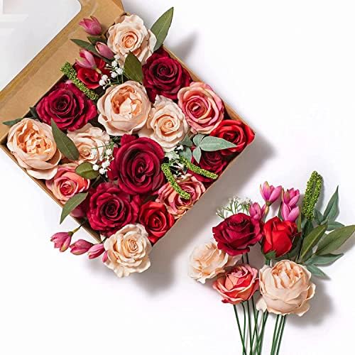 FANKO Fake Rose Artificial Flowers: Silk Champagne Rose Artificial Flowers Bulk Fake Flowers for Decoration Artificial Flowers Bouquet Roses Fall Burgundy Roses Arrangements