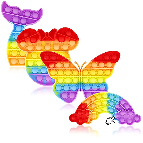 VARWANEO Push Rainbow Pop Fidget Sensory Toy Popping Anxiety Autism Relieve Special Kid Teen Adult Relief Bubble Silicone Popitz Satisfying Box Mouse Game Gift ADHD Butterfly Mermaid 4 Pack Set