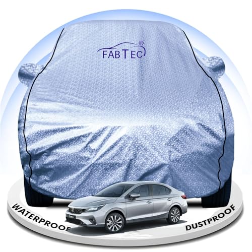 Image of FABTEC Metallic Silver Waterproof Car Body Cover for Honda City Sun, UV and Dust Protection with Mirror Pocket (Reflective Silver with Black Piping)