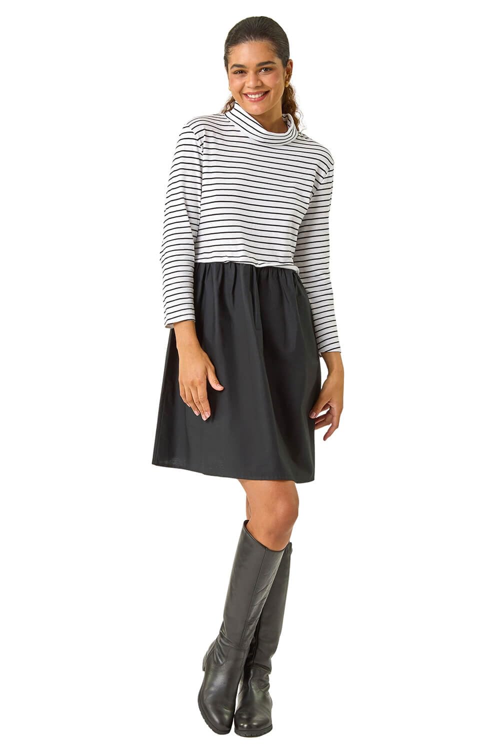 Roman Originals Women's Black Stripe Print High Neck Smock Dress For Uk - Everyday Autumn Winter Comfy Soft Evening Vacation Work Party Night Out - Size 14