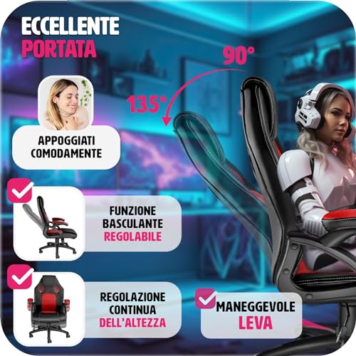 ® Sedia da Ufficio Ergonomica, Sedia Scrivania con Rotazione 360°, Imbottitura Confortevole, Rivestimento Similpelle, Poltrona Gaming con Altezza Regolabile, 5 Rotelle Doppie - Nero/Rosso - Sedia gaming - Immagine 5