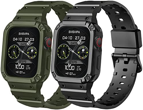 [2 Pack] SVISVIPA Band with Case Compatible for Apple Watch 41mm 40mm 38mm iWatch Series 8 7 SE 6 5 4 3 2 1 Strap , Men Women Sport Strap with Bumper Rugged Shockproof Military Protective, 2 Pack (Black，Army Green）