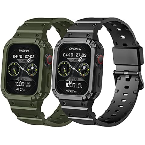 SVISVIPA [2 Pk] Band w/Bumper Case Compt. for Apple Watch 45 44 42mm iWatch Series 8 7 6 5 SE 4 3 2 1 SE Strap, Unisex Sport Rugged Shockproof Military Protective Replacement band,(Black,Army Green) Cover
