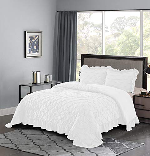 Bedream White Ruffle Comforter Set, 3-Piece King Size Pintuck Bedding Set - Shabby Chic Prewashed Microfiber - Natural Wrinkle & Easy Care - Breathable (C6) #TOP1