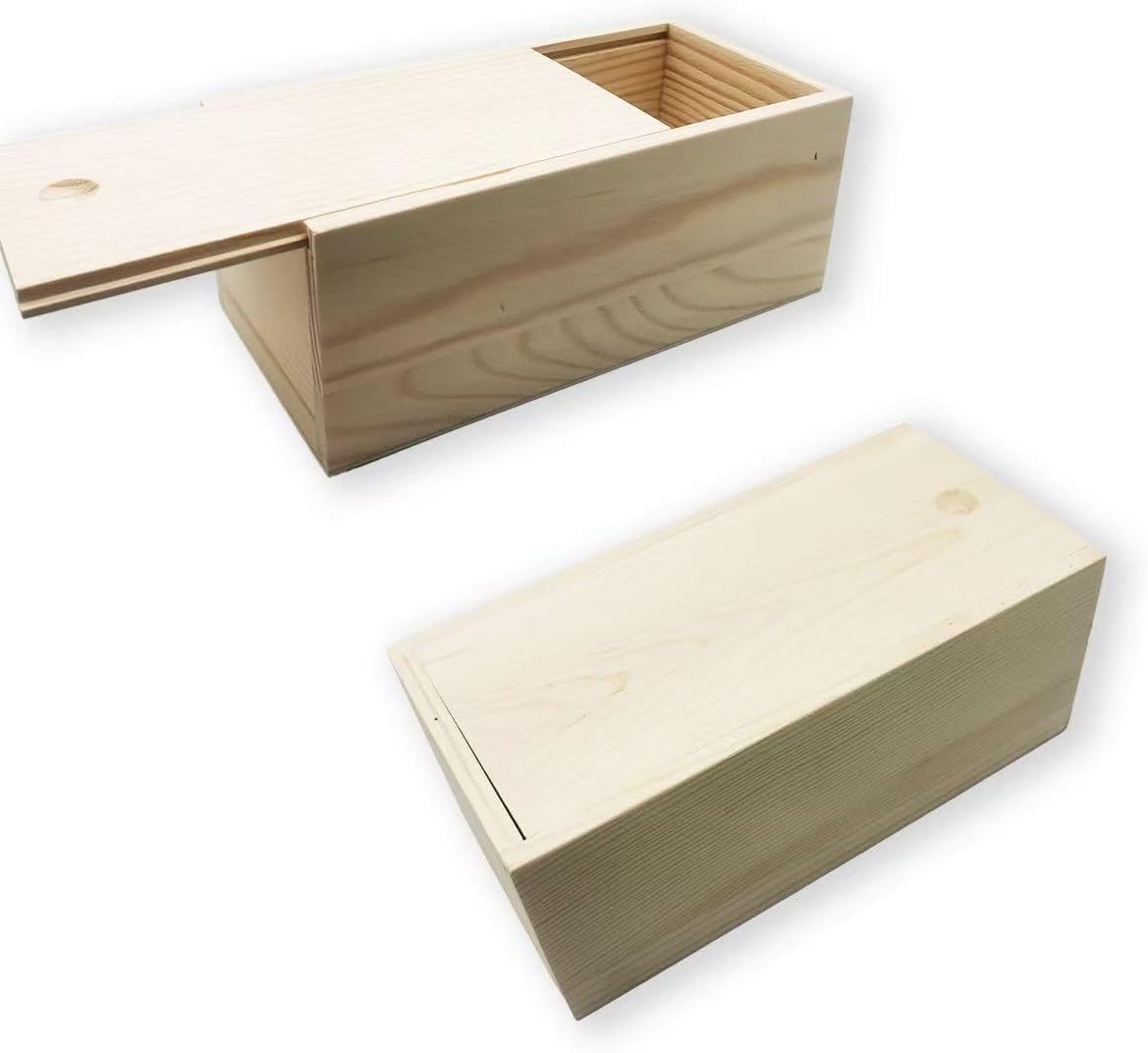 2 Pack Unfinished Wood Storage Box - Slide Top Rustic Wooden Box, Vintage Card Storage Box, Plain Pine Wood Organizer for Crafts, Gift Cards, Jewelry & Home Decor 7.87 x 3.94 x 3.15 inches