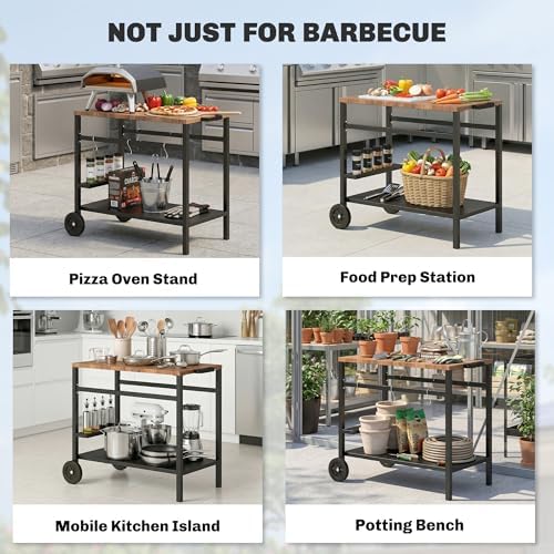 Outsunny Outdoor Grill Cart, 2-Tier Pizza Oven Stand, BBQ Stand with Beverage Holder and Hooks, Movable Food Prep Table on Wheels, Black and Brown — view 7