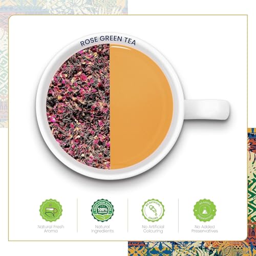 Image of Dabri Rose Green Tea Loose Leaves 80gm|Pack of 2 x 40gm Each Pouch| For Glowing Skin & Hair (Men & Women) | Natural Rose Petals | Antioxidant-Rich | Organic Blend | Relieves Stress & Manage Weight