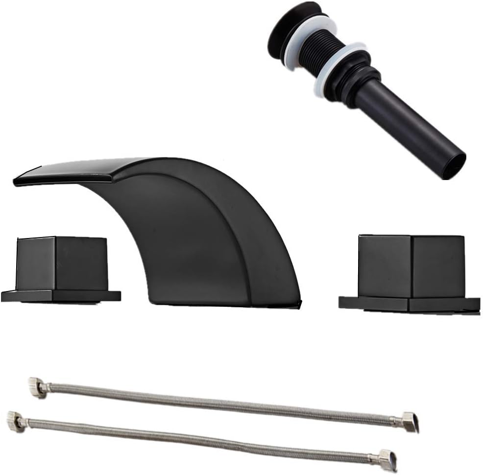 🔥 Crazy Deals Black Waterfall Widespread Bathroom Faucet Sink with Drain, Three Holes Square Two Handles Square Knobs, Basin Mixer Tap with Pop Up Drain Fit 8 inch-16 Inch Hole Distance by Gecious