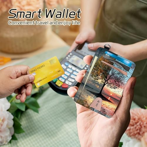 Image of Small Travel Wallets, Day and Night Art Tree Slim Minimalist Front Pocket Wallet with Wristlet, RFID Blocking PU Leather Credit Card Holder with ID Window Change Purse for Men Women