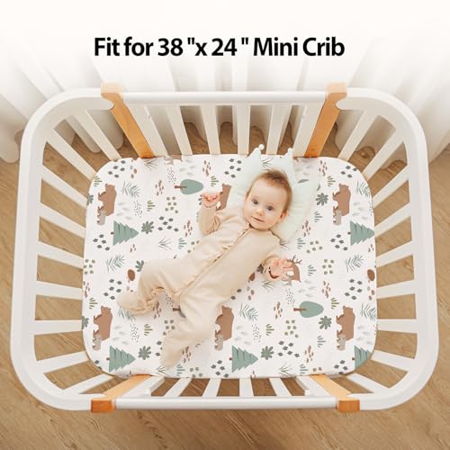 Image of Baby Mini Crib Sheets Boy, Portable 38 inchx26 inch Pack and Play Sheets Fitted for Playard and Pack N Play Mattress, 3-Pack Soft Microfiber Green Forest Bear