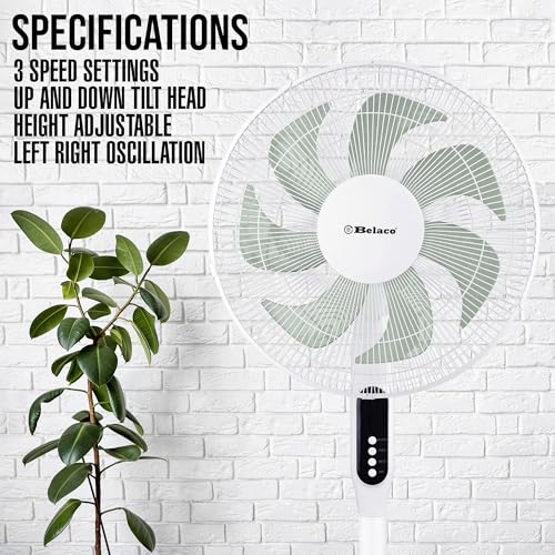 Belaco Pedestal fan 16" Oscillating Free Stand Fan Floor fan, 8 Hours Timer, Remote Control 45W adjustable height BSF-16N - Image 4
