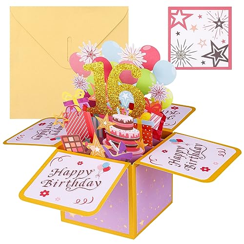 Vyuwast 16. Geburtstagskarte, Pop Up Karte 3D Happy Birthday Karte mit Umschlag f&uuml;r Kinder Frauen M&auml;dchen Geschenk-Karte zum 16. Geburtstag (16. Geburtstag)