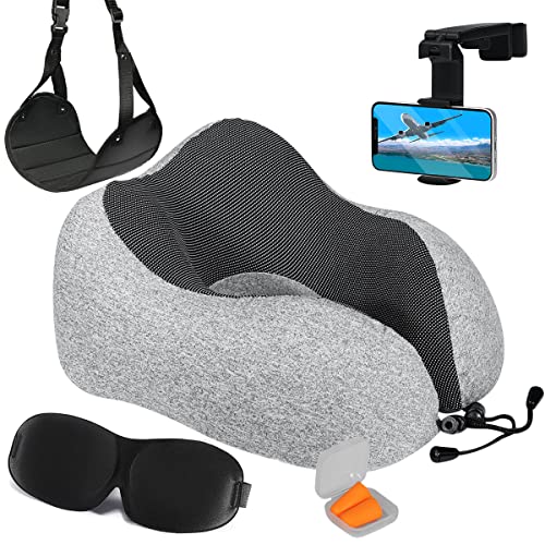 Homeify Airplane Travel Kit – Adjustable Memory Foam Airplane Neck Pillow with Phone Holder, Eye Mask, Foot Hammock, and Earplugs – 6 Piece Plane Travel Essentials for Long Flights by Homeify - Used condition - US$9.49