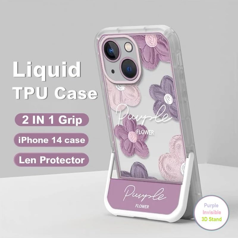 Image of COVERLY 3D Cute Creative Purple Flower Cartoon Oil Painting Floral Decor Wave Curly Edge Invisible Phone Table Stand Holder Grip Happy Aesthetic Cover Girly Charm Case for Apple iPhone 12 Pro (Purple)