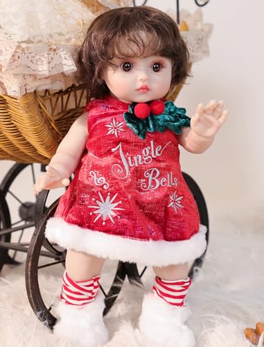 Cloveray Baby Dolls, 18 Inch Realistic Reborn Full Vinyl Baby Doll with Brown Curly Hair, Hand-Painted Freckles & Cozy Christmas Antler Outfit for Girls Ages 3+
