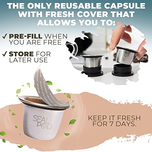Seal Pod Reusable 5 Pods Bundle, Durable Stainless Steel Refillable Coffee Capsule Compatible With Original Machines, Includes 5 Pods, 5 Cover, 120 + 200 Sticker Lids #TOP5