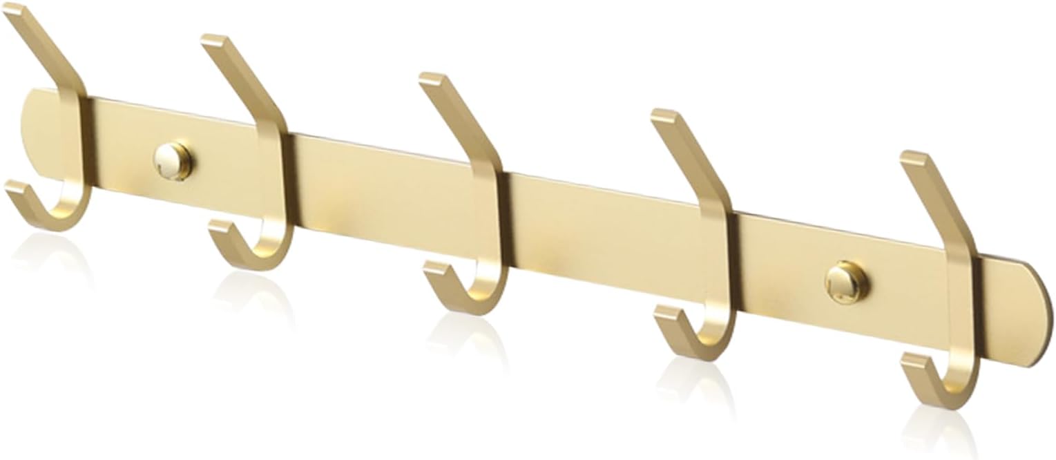 Stainless Steel Coat Hooks - Wall Mounted Modern Metal Heavy Duty Coat Rack Row Hooks - Self Adhesive Hanger Towel Robe Clothes Hat Hook - Bathroom Bedrooms (Gold, 5 Hooks)
