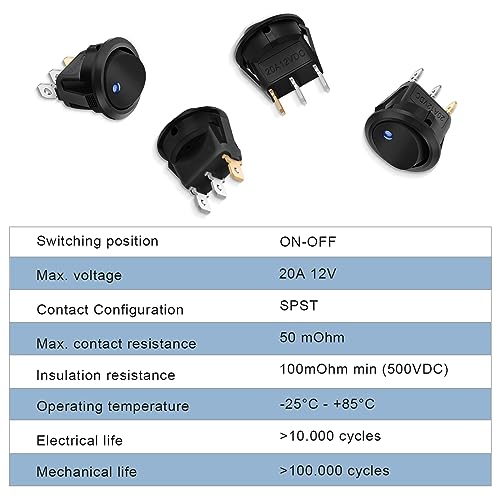 5 Stück Wippschalter 12v DC 20A, Hanibos Kippschalter 12v Beleuchtet Rund mit 5 LED Farbe KFZ Einrastbare mit Selbsthemmung Runde Schalter für Auto, Boot, Haushaltsgeräte