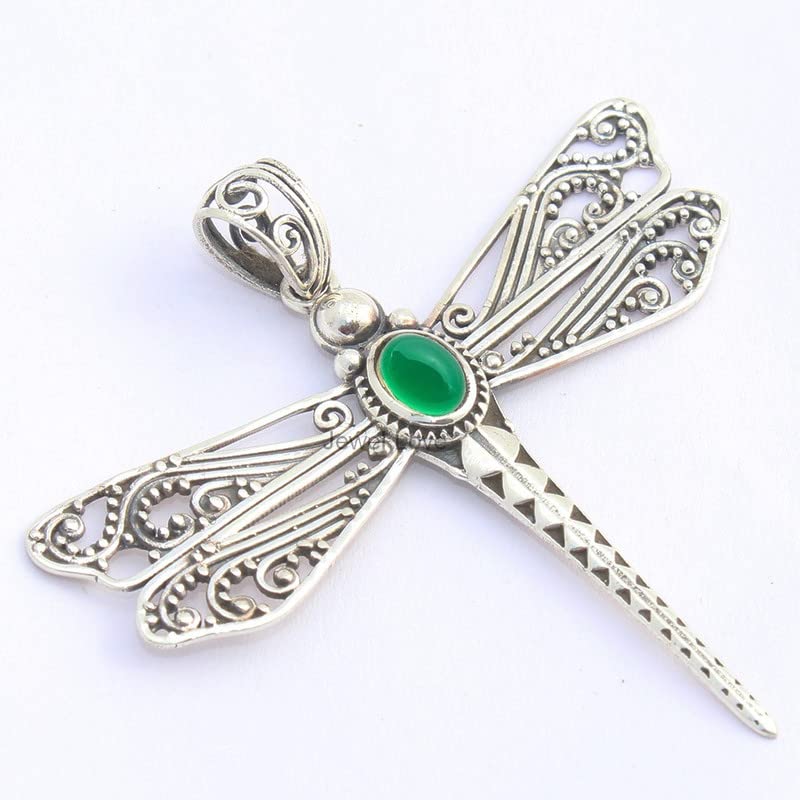 Miniatura 3 de 925 Sterling Silver Necklace Pendant For Womens Natural Green Onyx Necklace Pendant Sterling Silver Necklace Pendant Oval Gemstone Dragonfly
