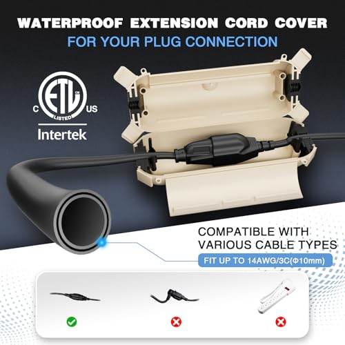 Image of 3 Pack Outdoor Extension Cord Cover Waterproof, Cord Box for Outlet | Small Electrical Connection Box for Straight Plug, Socket, Halloween, Christmas Holiday Decoration String Light, Almond