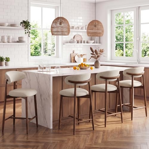 Image of MALOL Counter Height Bar Stools Set of 4, Kitchen Bar Stools with Back, Mid Century Modern Upholstered Barstools with Wood Legs for Kitchen Island Dining Room, Beige